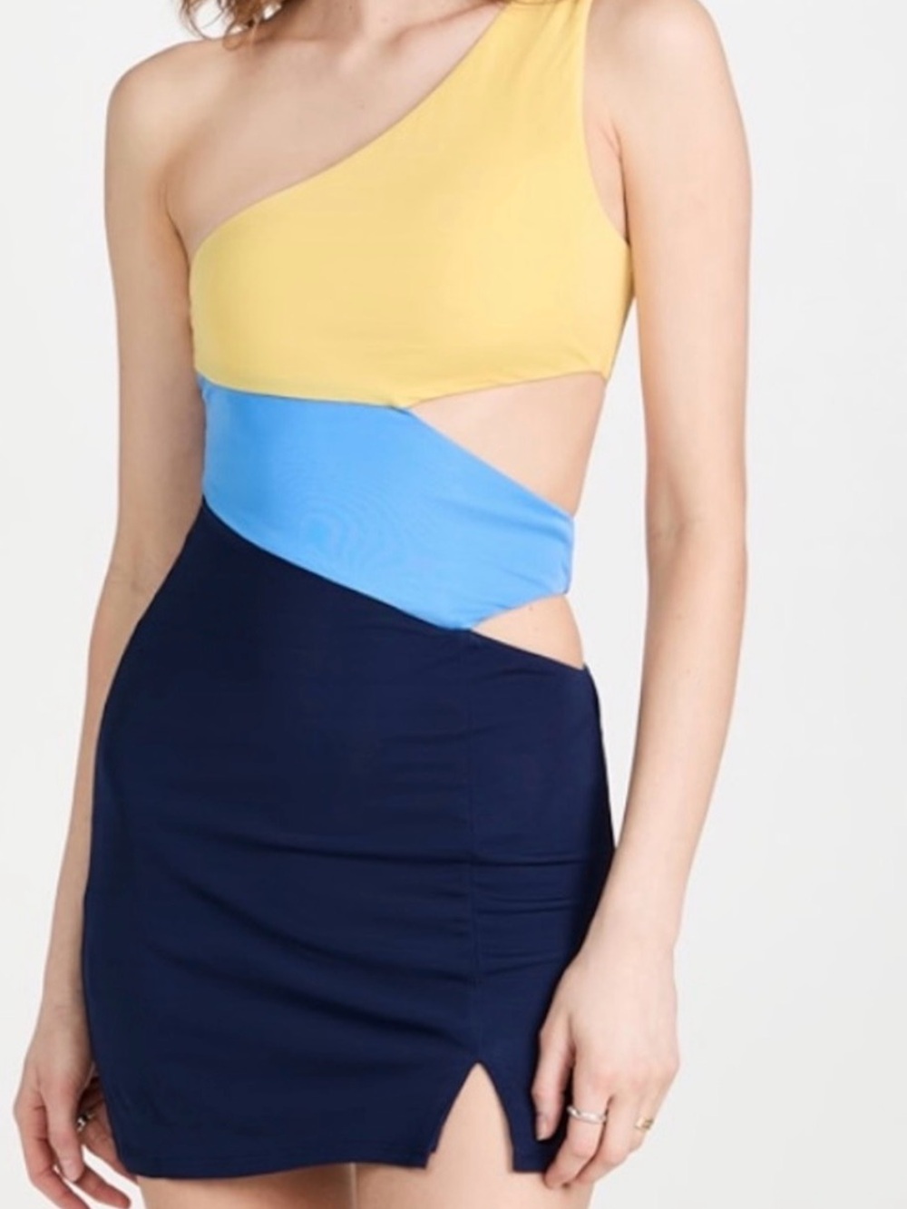 Colorblock One-Shoulder Cutout Dress in Yellow, Blue & Navy xl staud